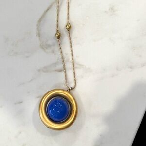 Anne Klein Long Elegant Gold and Blue Pendant Necklace c. 1980